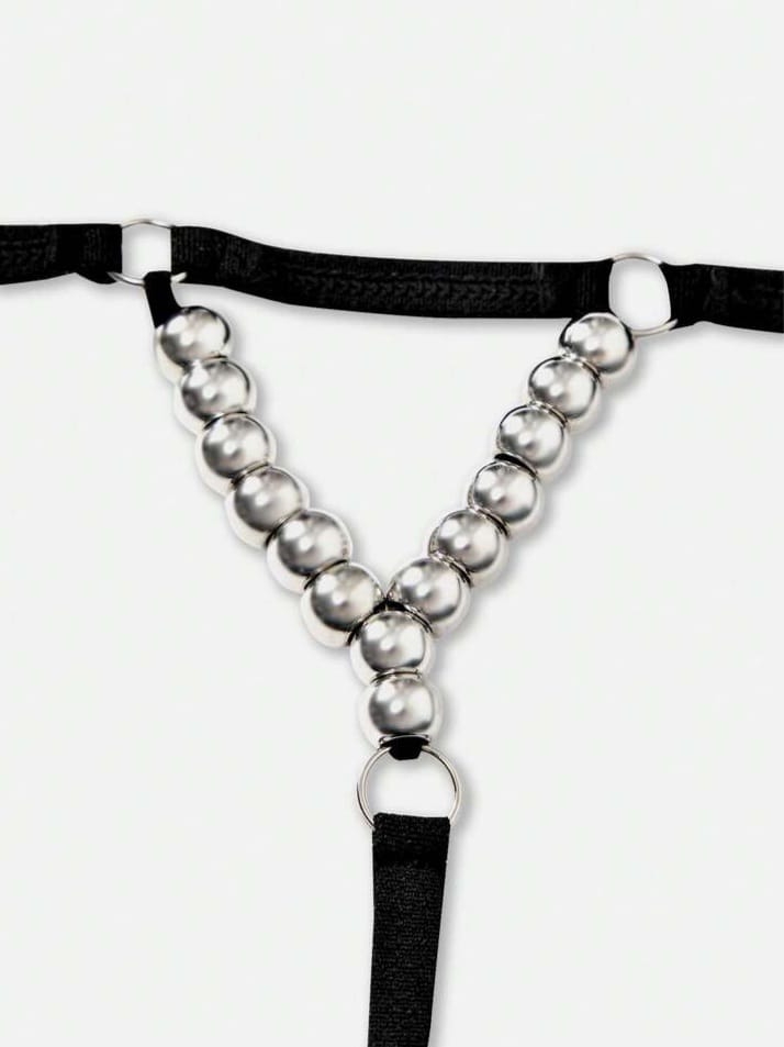 FANDY Men's Black Minimalist Thong With Silver Beads at Back Underwear